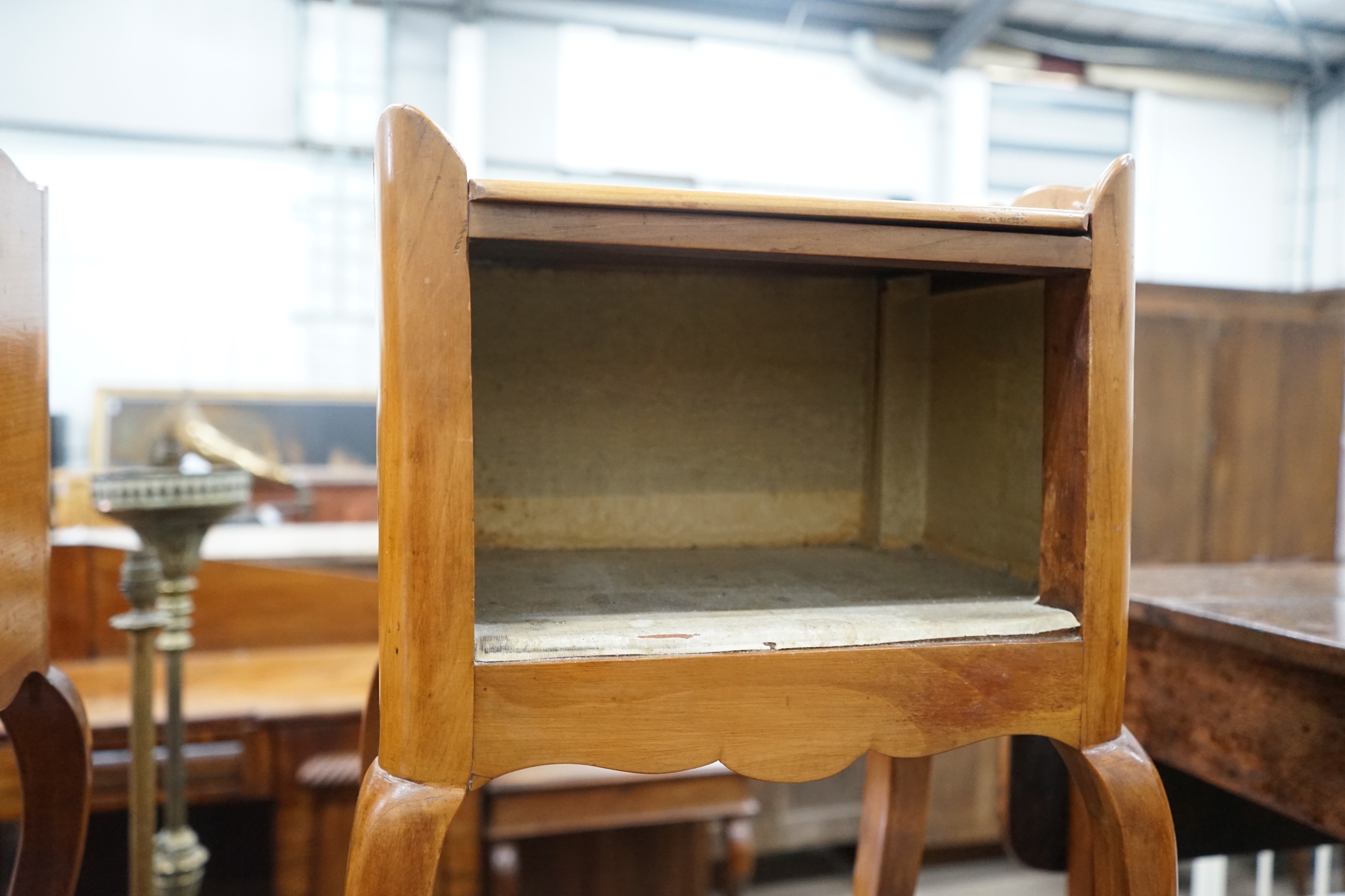 A pair of French style cherry bedside cabinets, width 37cm, depth 28cm, height 69cm